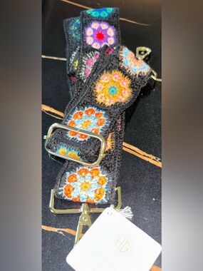Embroidered Black Guitar Strap with Orange & Blue Floral Accents